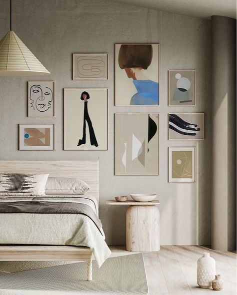 Paper Collective on Instagram: “Want an art wall but don't know where to start? We've created the perfect step-by-step guide to make your dream personalized art wall -…” Scandinavian Gallery Wall Living Room, How To Decorate Paintings On Wall, Bedroom With Frames Wall Art, Wall With Posters Bedroom, Easy Poster Ideas, Gallery Wall Ideas Bedroom, Gallery Bedroom Wall, Unique Gallery Wall Ideas, Gallery Wall Paintings