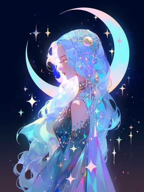 #wallpapers #anime #digital #art #Otaku #beautiful #moon #princess #stars #glitter #aesthetic Goddess Art, Dreamy Art, Moon And Stars, Fantasy Illustration, الرسومات اللطيفة, Cartoon Art Styles, Fantasy Character Design, Pretty Art, Anime Character Design