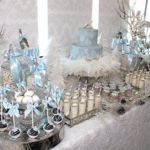 Christmas Wedding Shower Ideas, Sweet 16 Winter Theme, Candy Sweet 16, Woodland Dessert Table, Winter Wonderland Dessert Table, Winter Dessert Table, Quinceanera Winter Wonderland, Sweet 16 Winter Wonderland, Dessert Table Wedding