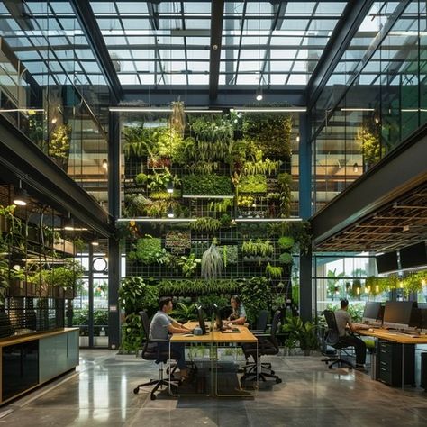 This office embodies the convergence of functionality and nature, creating a harmonious workspace. Amidst the contemporary architecture, a vibrant vertical garden breathes life into the room, enhancing both aesthetic and air quality. Natural light filters through the expansive skylight, illuminating the employees who are engaged in collaborative tasks. This setting not only fosters productivity but also promotes employee well-being through its biophilic design elements. Office In Nature, Green Office Space, Biophilic Office, Green Study, Modern Office Space, Beach Cars, Green Office, Grow Room, Light Filters