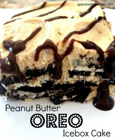 Peanut Butter Oreo Ice Box Cake! Rich, easy and amazing!! Oreo Icebox Cake, Icebox Cake Recipes, Peanut Butter Oreo, Spend With Pennies, Peanut Butter Desserts, Icebox Cake, Köstliche Desserts, Piece Of Cake, Yummy Sweets