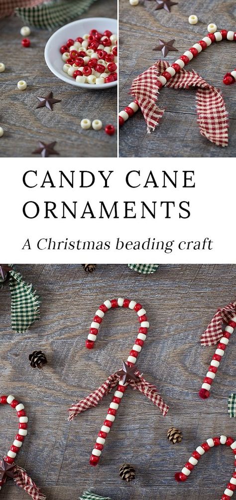 Just in time for the holidays, learn how to make Beaded Candy Cane Ornaments. Created with pipe cleaners and beads, give these fun ornaments a primitive twist, making them gift-ready and perfect for your Christmas tree. #christmas #ornaments #candycane Beaded Candy Cane Ornaments, Xmas Traditions, Camp Christmas, Nativity Tree, Candy Cane Ornaments, Diy Beaded Ornaments, Beads Candy, Candy Cane Ornament, Diy Christmas Tree Ornaments