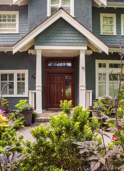 Blue Stucco House Exterior, Duxbury Gray Benjamin Moore, Blue Stucco House, Duxbury Gray, Stained Front Door, Front Door Landscaping, Dream House Bedroom, Stucco Homes, Stucco Exterior