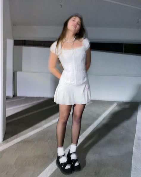 Em🧸🎐 on Instagram: “wishing everyone a happy new year🤍🕯” White Dress With Tights, Dress And Stockings Outfit, Dress With Fishnet Tights, Dress Mary Janes, Platform Mary Janes Outfit, How To Style Mary Janes, Dress With Stockings Outfit, Dress With Fishnets, Dresses With Black Tights