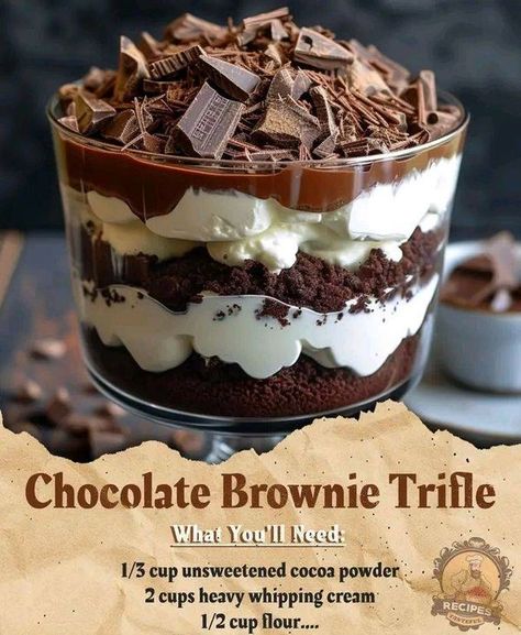 Yummy Recipes | Chocolate Brownie Trifle  | Facebook Chocolate Brownie Trifle, Brownie Trifle Recipe, Chocolate Oreo Cheesecake, Recipe For Caramel, Brownie Trifle, Cheesecake Brownie, 60 Birthday, Recipes With Whipping Cream, Chocolate Oreo