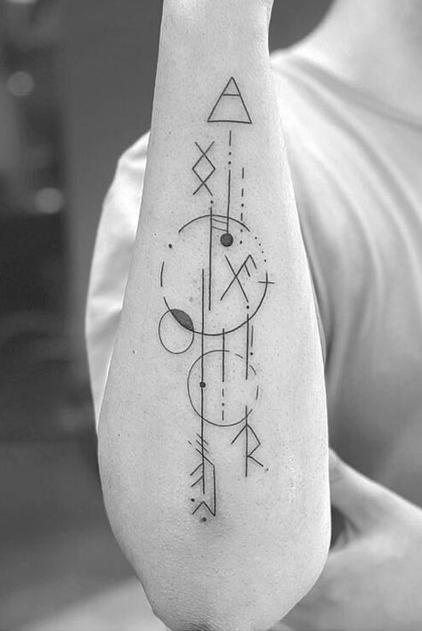 Tattoo uploaded by Daniele Crocetta • #fineline #finelinetattoo #finelines #Runes #viking #geometric #geometrictattoo #circle #blackwork • 877988 • Tattoodo Anam Cara Tattoo, Norse Mythology Tattoo, Geometric Line Tattoo, Alchemy Tattoo, Symmetrical Tattoo, Forearm Band Tattoos, Rune Tattoo, Sibling Tattoos, Norse Tattoo