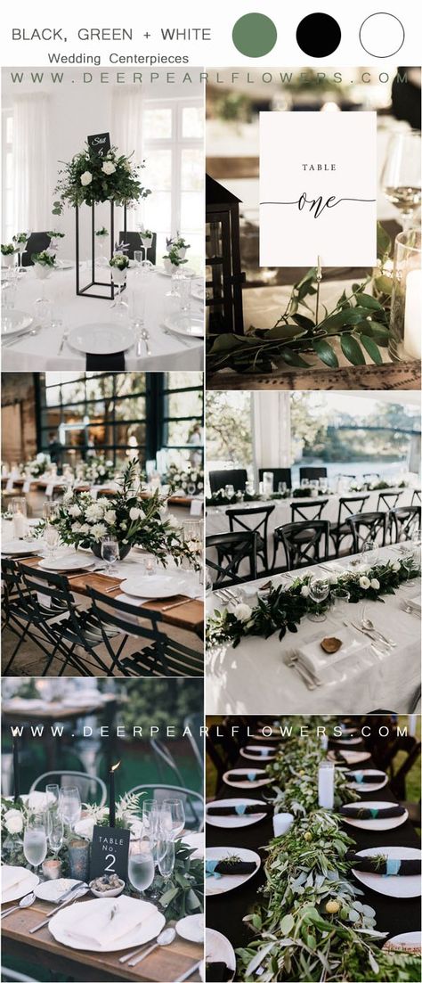 Black Green And White Wedding, Green Black And White Wedding, Spring Wedding Green, White Wedding Centerpieces, Green And White Wedding, Black And White Wedding Theme, Wedding Color Ideas, White Wedding Theme, Black White Wedding