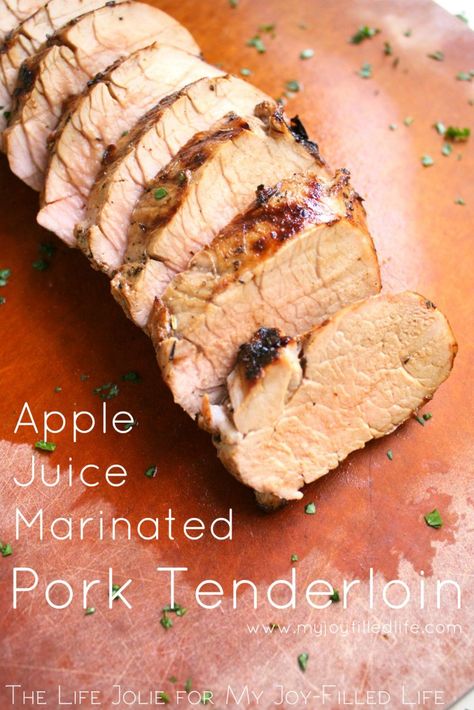 This Apple Juice Marinated Pork Tenderloin is such a great meal for busy nights! It's stuper quick and easy to put together (in advance!) and tastes delicious. Click on the photo to read more... Apple Marinade For Pork, Pork Loin Marinade, Pork Marinade Recipes, Brine For Pork, Marinated Pork Tenderloin, Pork Apple, Pork Tenderloin Marinade, Apple Juice Recipe, Recipe Using Apples