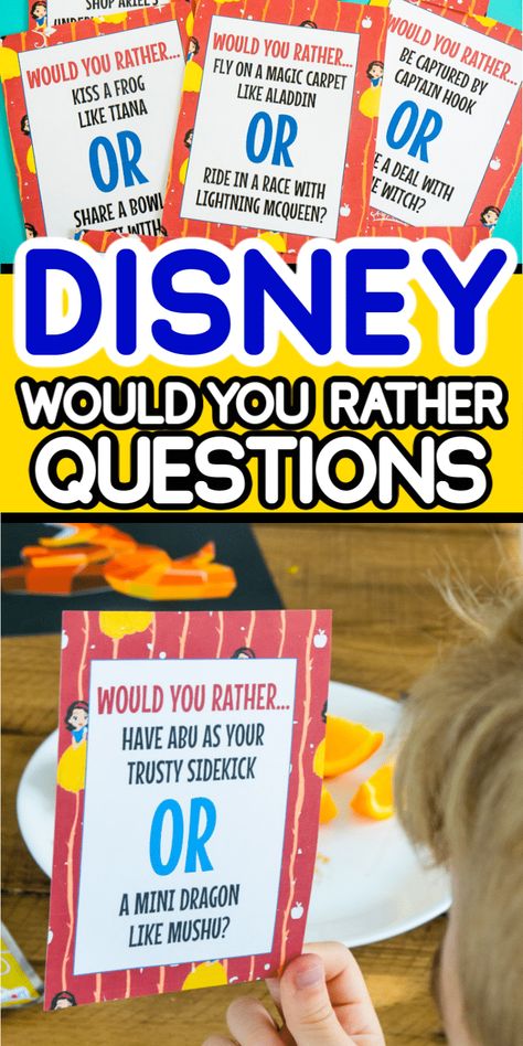 Printable Disney Would You Rather Questions for Kids - Play Party Plan Trip Countdown, Disney Trivia Questions, Crush Quizzes, Disney Questions, Question Games, Disney Camping, Disney Activities, Would You Rather Game, Eating Spaghetti