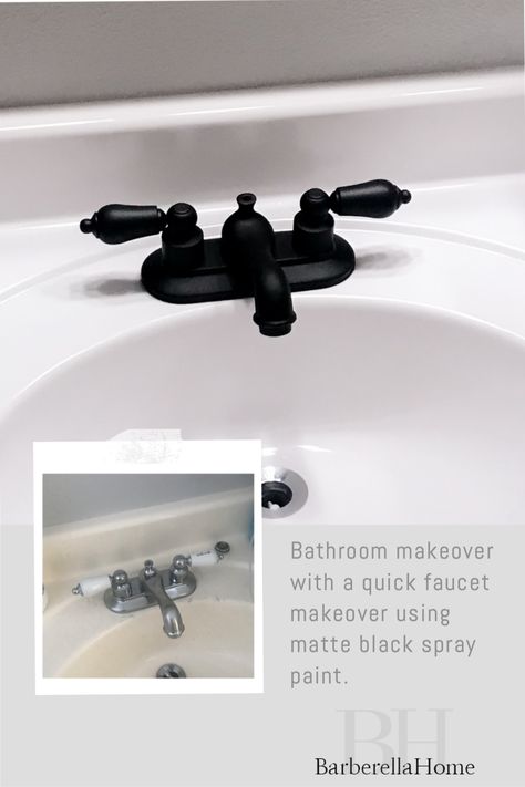 Bathroom makeover with a quick faucet makeover using matte black spray paint. Bathroom Sink Makeover Diy, Spray Painted Bathroom Fixtures, Painting Shower Fixtures Black, Spray Paint Light Fixture Black, Painting Fixtures Black, Spray Paint Sink Faucet, Paint Bathroom Faucet Black, Matte Black Spray Paint For Metal, How To Spray Paint Bathroom Fixtures