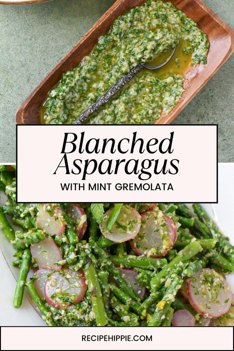 In this quick and super healthy blanched asparagus salad recipe, we blanch asparagus and radishes in hot water and then an ice bath. While the refreshing asparagus salad chills, we whip up a zesty citrus and herb mint gremolata with marinated artichoke hearts. Ready in just 15 minutes, this vibrant veggie side dish is perfect for any meal! If you are looking for asparagus recipes, this is a must try! Blanch Asparagus, Mint Gremolata, Blanched Asparagus, Asparagus Salad Recipe, Marinated Artichoke Hearts, Gremolata Recipe, Veggie Side Dish, Salad With Mint, Asparagus Recipes