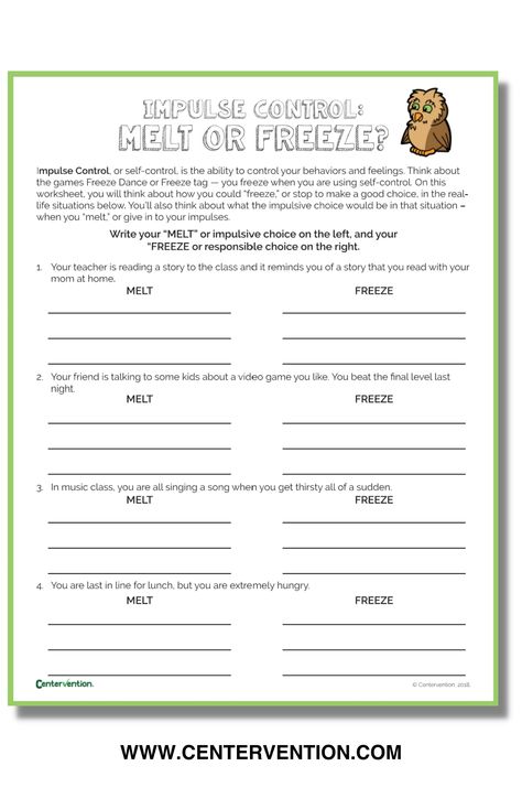 Looking for a fun printable and activity to help students understand impulse control? Free worksheet and instructions for how to lead students in the Melt or Freeze activity. Your students will think about ways they can control their behaviors and feelings through Freeze Dance or Freeze Tag examples. Fun and free emotional regulation and self control activity for elementary or middle school students. Freebie! Impulse Control Middle School, Impulsive Behaviors Worksheet, Impulsivity Activities For Kids, Self Control Worksheets For Kids, Impulse Control Activities For Teens, Frustration Tolerance Activities Kids, Self Control Worksheet, Telehealth Therapy Activities For Kids, Self Control Activities For Kids