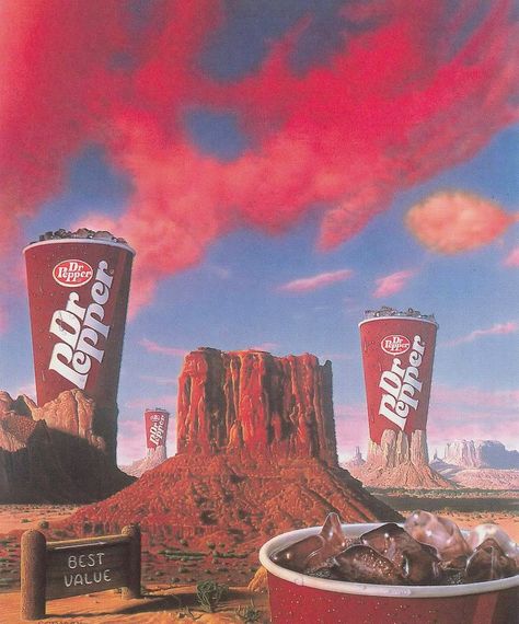 🌴🍉 80's Aesthetics🌴🍉 on Instagram: “🥤🏜🥤 Dr Pepper Print ad. Chris Consani '91 Also follow @concepttalk Via @crudechromedude” Soda Ads, Retro Artwork, Retro Ads, Airbrush Art, Dr Pepper, In The Desert, Retro Futurism, New Wall, Vintage Poster