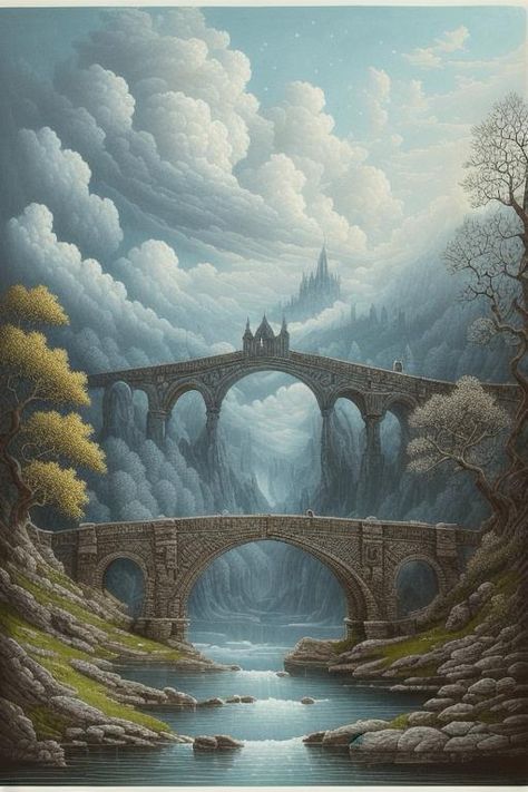 extremely detailed muted coloured hand drawing in the style of Joe Fenton, mind blowing landscape with stone bridge and a remarkable old oak tree, dramatic clouds, fantastical, surrealistic, elegant, beautiful, high definition, striking drawing, artstation, intricate, beautiful, award winning, fantastic view, fantasy, elaborate, HDR, crisp quality, https://apps.apple.com/us/app/genzart-ai-art-generator/id1669915100 Fantasy Bridge Drawing, Fantasy Bridge Art, Fantasy Bridge Concept Art, Bridge Fantasy Art, Castle Draw Bridge, Giant Castle Fantasy Art, Bridge Concept Art, Stone Bridge Drawing, Fantasy Bridge