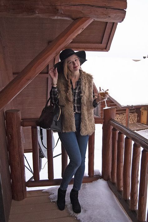 This faux fur vest outfit is the perfect winter look for all this cold, snowy weather we've been having lately! Paired with denim, plaid, and a cozy hat. Faux Fur Vest Outfit, Faux Fur Vests Outfits, Fur Vest Outfit, Fur Vest Outfits, Big Sky Montana, Snowy Weather, Vest Outfit, Basic Wardrobe, Western Outfits Women