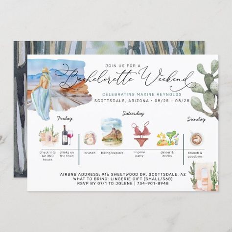 Bachelorette Weekend Itinerary | Desert Cactus Invitation Cactus Invitation, Travel Bridal Showers, Wedding Weekend Itinerary, Beach Invitations, Bachelorette Weekend Itinerary, Bridal Brunch Invitations, Weekend Itinerary, Desert Cactus, Bachelorette Party Invitations