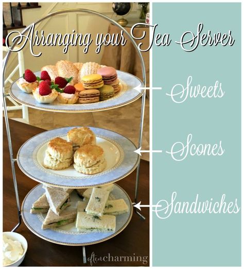 How to Serve Afternoon Tea -- Sandwiches on the bottom, scones in the middle, sweets on the top! -- Often Charming Snacks For Party, High Tea Food, Tea Etiquette, Tea Party Sandwiches, English Afternoon Tea, Tea At Home, English Tea Party, Afternoon Tea Recipes, Tea Time Food