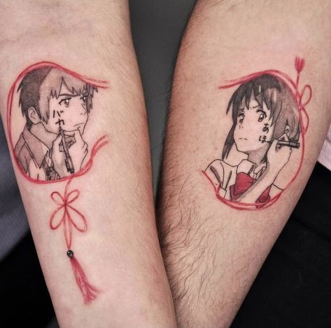 Tasteful Anime Tattoo, Anime Love Tattoo, Best Friend Tattoos Anime, Couple Anime Tattoo, Anime Sibling Tattoos, Anime Couple Tattoo Ideas, Your Name Tattoo Anime, Matching Anime Couple Tattoos, Your Name Anime Tattoo