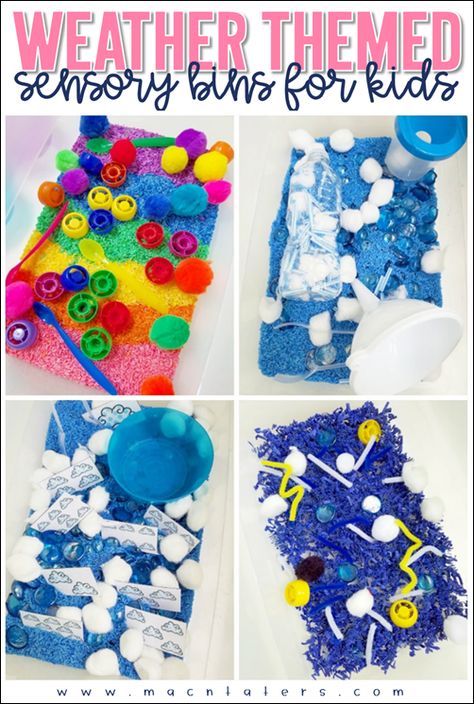 Weather Themed Sensory Bins for Toddlers, Preschoolers and school aged children. Weather Sensory, Themed Sensory Bins, Weather Lesson Plans, Sensory Bins For Toddlers, Weather Activities Preschool, Weather Activities For Kids, Weather Lessons, Preschool Weather, Weather Crafts