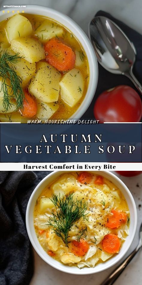 This Autumn Vegetable Soup is my go-to comfort dish for chilly days! Packed with hearty potatoes, vibrant carrots, and a sprinkle of dill, it's a warm embrace in a bowl. Join me in savoring the harvest flavors that make every spoonful a delight! Autumn Vegetable Soup, Autumn Soup Recipes, Yam Soup, Autumn Soup, Yellow Vegetables, Vegetable Soup Recipe, Vegetable Prep, Fall Soup Recipes, Carrots And Potatoes