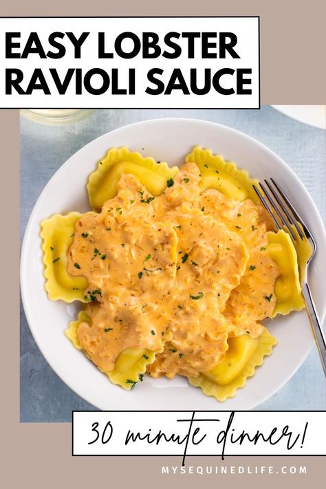 A shallow bowl of lobster ravioli topped with a creamy sauce. Easy Sauce For Lobster Ravioli, Lobster Ravioli Sauce Easy, Sauce For Lobster Ravioli, Lobster Ravioli Sauce Recipe, Ravioli Dinner Ideas, Rose Sauce Recipe, Lobster Ravioli Sauce, Ravioli Sauce Recipe, Roast Frozen Broccoli