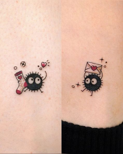 Soot Sprite Tattoo, Tatuaje Studio Ghibli, Ghibli Tattoos, Maching Tattoos, Studio Ghibli Tattoo, Sketch Style Tattoos, Tattoos Inspo, Soot Sprite, Bestie Tattoo