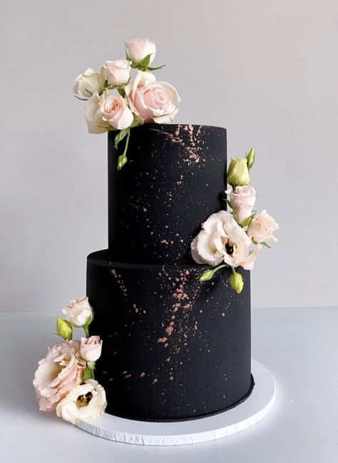 Blush Pink And Black Wedding Cake, Black And Rose Gold Cake, Dark Wedding Cakes, Pink And Black Cake, Pink Gold Cake, Rose Gold Cake, 18th Cake, Gold Birthday Cake, Butterfly Birthday Cakes