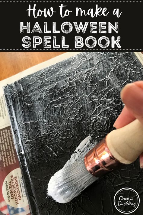 I had SO much fun making these DIY Halloween spell books for my Halloween decor! A great upcycling budget project using an old book, or a sketch book if you want to be able to use it to store your recipes. They're guaranteed to be a talking point at your Halloween party! Witches Books Diy, Spell Book Decoration, Spell Books Diy How To Make, Apothecary Halloween Decor Diy, How To Make Spell Books, Halloween Decor Boxes Diy, Making Books Look Vintage, Spell Book Diy Halloween, Diy Witches Spell Book