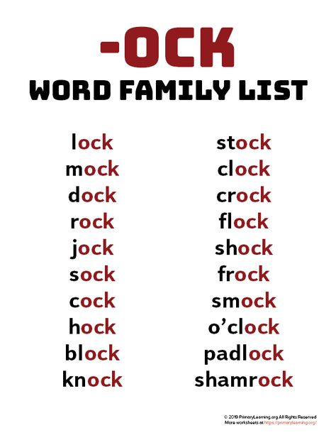 Using word families can help teach beginning spellers that words contain and share patterns. Use this word family list to introduce the sound of words ending with OCK. #worksheets #printables #phonics #wordfamily Word Family List, Phonics Reading Passages, Phonics Chart, Word Family Worksheets, Teaching Spelling, Phonics Sounds, English Phonics, Phonics Lessons, Phonics Words