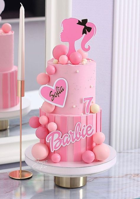 Barbie 4th Birthday Cake Ideas, Black Barbie Birthday Cake Ideas, Barbie Dream House Cake Ideas, Barbie Donuts Idea, Barbie Cake 5th Birthday, Barbie Tea Party Birthday, Simple Barbie Cake Design, 2 Tier Barbie Cake, Barbie Inspired Cake