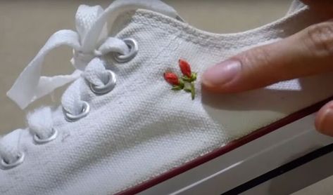 This guide shows you how to embroider canvas shoes. Learn how to create these cute floral embroidered shoes with this quick tutorial. Embroidered Shoes Diy, Embroider Canvas, Embroidery Canvas, Red Bud, Backyard Diy, Floral Embroidery Patterns, Embroidered Canvas, Embroidered Shoes, Backyard Diy Projects