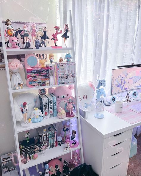 Kawaii Shelf Decor, Shelf With Led Light, Gamer Shelf, Otaku Shelf, Cute Gaming Room Ideas, Aesthetic Cube Shelves, Make Up Shelf In Bedroom, Kawaii Desk Aesthetic, Kawaii Shelf Ideas