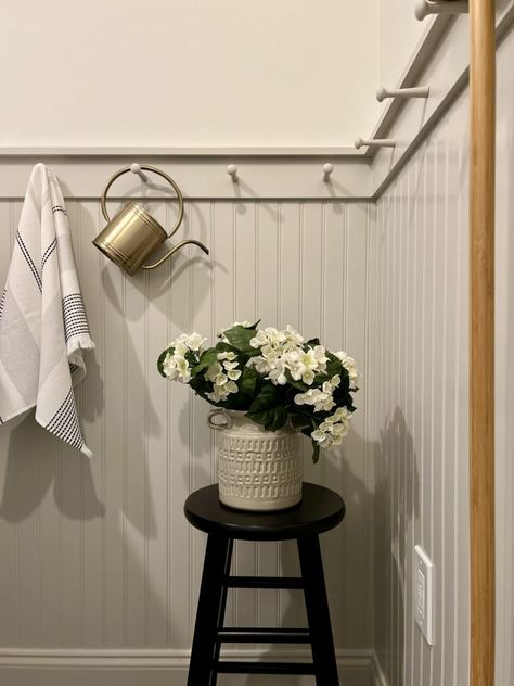 DIY Peg Rail in the Greystone Laundry + Mudroom - FOXY OXIE Shaker Peg Rail Laundry Room, Laundry Room With Beadboard, Laundry Wainscoting, Panelling With Peg Rail, Bead Board Wall With Pegs, Half Wall Laundry Room, Peg Rail Laundry Room, Laundry Room Wood Paneling, Beadboard With Peg Rail