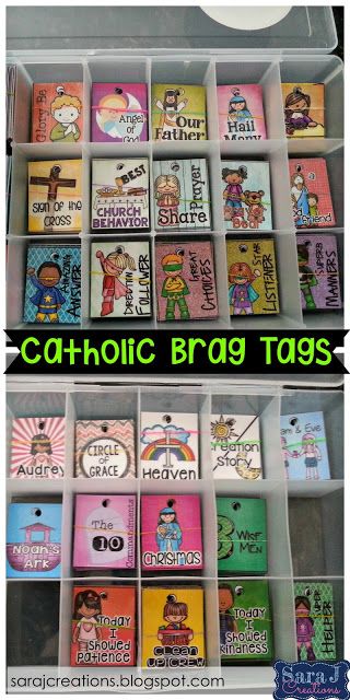 Catholic brag tags to reinforce positive behavior and reward for homework and prayers memorized. Brag Tag Storage, Religion Activities, Catholic Schools Week, Brag Tags, Catholic Education, Catholic Crafts, Elementary School Classroom, School Week, Faith Formation