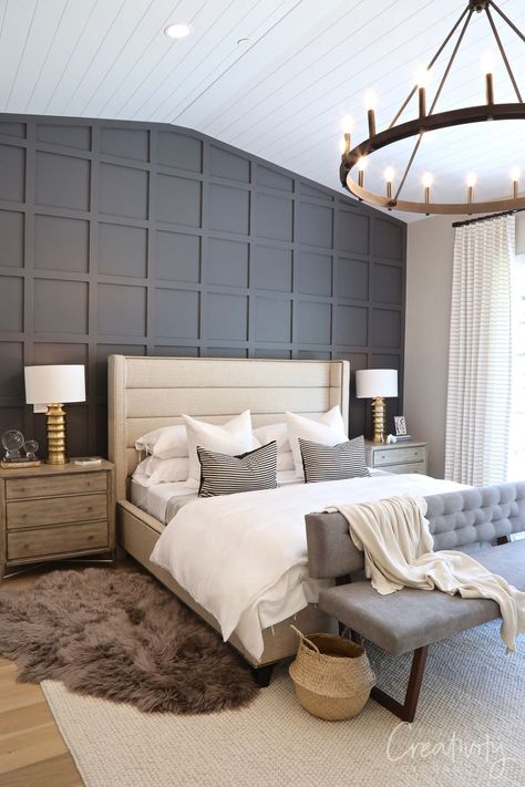 Master bedroom with dark rich grid accent wall Bedroom Minimalist, Accent Wall Bedroom, Bedroom Walls, Luxury Rooms, Parade Of Homes, Bedroom Layouts, Master Bedrooms Decor, Contemporary Bedroom, Beautiful Bedrooms