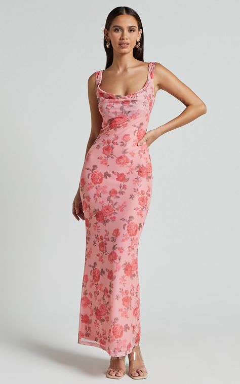 Nadine Maxi Dress - Cowl Neck Low Back Mesh Slip Dress in Pink Floral Hot Pink Floral Bridesmaid Dresses, Pink Floral Formal Dress, Libra Rising Outfits, April Wedding Guest Dress, Pink Bridal Shower Dress, Peach Color Bridesmaid Dresses, Pink Elegant Dress, Spring Formal Dress, Bridal Shower Outfit For Guest