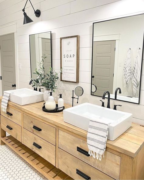 Modern Farmhouse Bathroom Decor, His And Hers Bathroom, His And Hers Sinks, House Bathrooms, Bathroom Farmhouse Style, Farmhouse Inspiration, Modern Farmhouse Bathroom, Gorgeous Bathroom, Farmhouse Bathroom Decor