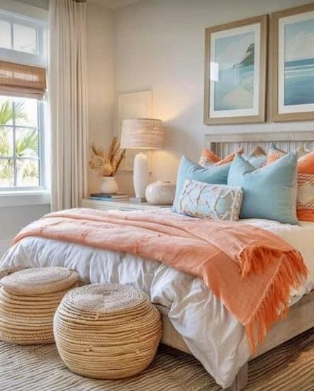 Coral Beach Bedroom, Pastel Boho Bedroom, Beach Bedroom Ideas Coastal Style, Victorian Living Room Decor, Mint Green Room, Green Room Design, Coastal Room Decor, Coral Bedroom, Bright Bedroom