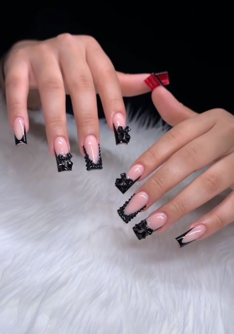 Cute Red Bottom Nails, Red Bottom Short Nails, Short Black Nails With Red Bottoms, Birthday Nails Red Bottoms, French Design Nails Square, Black Nail Designs Medium Length, Red Bottom Birthday Nails, Nails Acrylic Red Bottoms, White Red And Black Nails