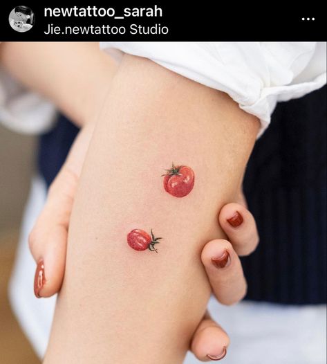 Tiny Tomato Tattoo, Cherry Tomato Tattoo, Apple Tattoos, Tomato Tattoo, Italy Tattoo, Apple Tattoo, Tiny Wrist Tattoos, Cherry Tattoos, Bff Tattoos