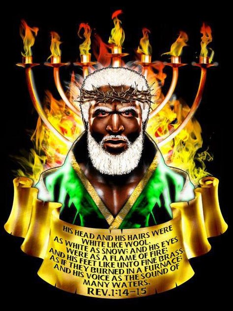 The Real True Image Of What Christ Looked Liked..  Revelation 1:14-15  14 His head and his hairs were white like wool, as white as snow; and his eyes were as a flame of fire; 15 and his feet like unto fine brass, as if they burned in a furnace; and his voice as the sound of many waters. Black Messiah, Black God, Revelation 1, Black Jesus, Tribe Of Judah, Bible Knowledge, Jesus Pictures, History Facts, Black Art