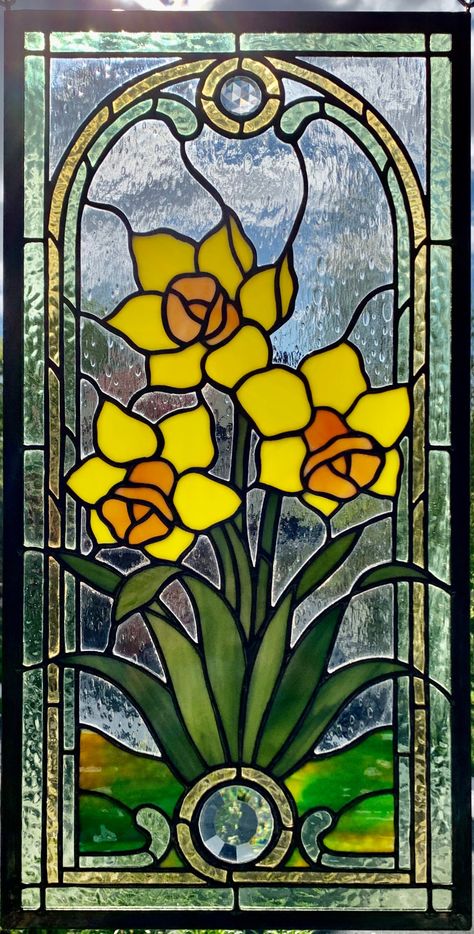 Daffodils Stained Glass Panel Stained Glass Tattoo, Diy Stained Glass Window, Stain Glass Window Art, Window Mural, Glass Painting Designs, Glass Window Art, Stained Glass Paint, Stained Glass Window Panel, Stained Glass Flowers