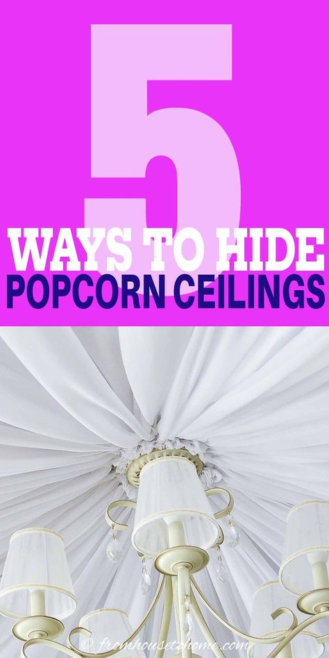 These DIY home decor ideas for covering a popcorn ceiling are AWESOME! I love these ideas! Now I know how to update the room decor in my house. Cover A Popcorn Ceiling, Installing Curtain Rods, Covering Popcorn Ceiling, Ceiling Covering, Removing Popcorn Ceiling, Faux Tin Ceiling, Faux Tin Ceiling Tiles, Curtain Installation, Fabric Ceiling