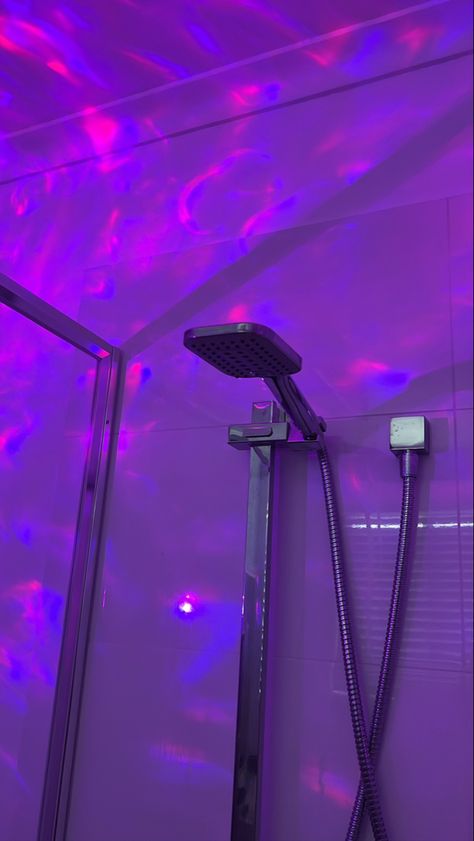 Light Up Shower Head, Aesthetic Bathroom Lights, Purple Aesthetic Bathroom Ideas, Aesthetic Bathroom Themes, Neon Bathroom Aesthetic Ideas, Bathroom Led Lights Aesthetic, Bathroom Vibes Led Lights, Bathroom Purple Aesthetic, Purple Shower Aesthetic