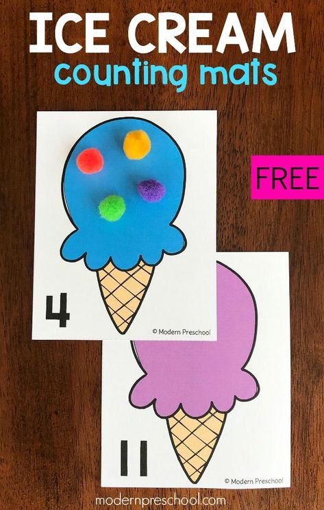 FREE preschool printable ice cream counting mats to practice numbers while counting using 1:1 correspondence and fine motor skills during a summer theme! Counting Mats Preschool, Math Ice Cream Activities, Food Counting Activities, Ice Cream Circle Time Activities, Summer Theme Math Activities Preschool, Ice Cream Learning Activities, Math Manipulatives Preschool, Summer Math Activities For Toddlers, Should I Share My Ice Cream Activities