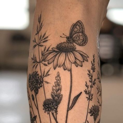 Mother Of Earth Tattoo, Wild Clover Tattoo, Tattoo Ideas Floral Sleeve, Women Arm Tattoo Sleeve Classy, Women’s Nature Tattoos, Tattoo Sleeve Starters, Leg Band Tattoos Women, Botanical Tattoo Women, Rudbeckia Tattoo