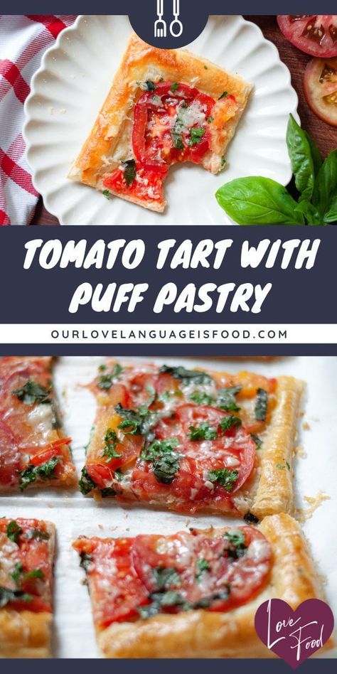 This simple puff pastry tomato tart recipe is perfect of brunch, as a light lunch, or as an appetizer! If you've been looking for brunch recipes, warm appetizers, light lunch ideas, or recipes for tomatoes, be sure to SAVE this delicious tomato tart recipe to make ASAP! Onion Puff Pastry, Puff Pastry Tomato, Tart With Puff Pastry, Easy Tomato Tart, Puff Pastry Pie, Honey Cheese, Pastry Pie Crust, Tomato Tart Recipe, Puff Pastry Crust