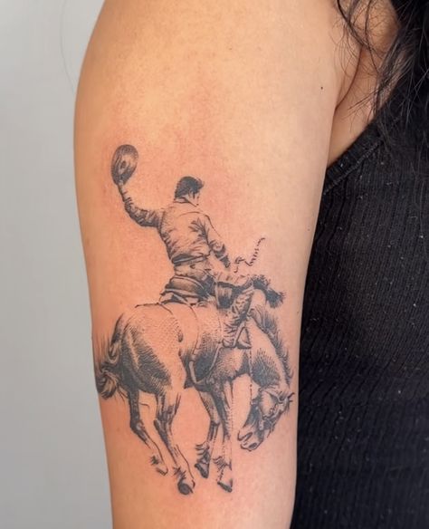 Horse Bucking Tattoo, Country Arm Sleeve Tattoo, Buckaroo Tattoo, Rodeo Tattoos For Women, Yellowstone Tattoo Ideas, Western Fine Line Tattoo, Bull Rider Tattoo, Cowboy On Horse Tattoo, Feminine Sleeve Tattoo Ideas