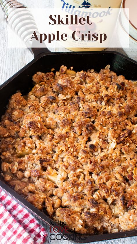 Caramelized apples, warm spices and a crispy oat topping makes this skillet apple crisp a crowd favorite. #recipe #apples #applecrisp #castironcooking #desserts #easydesserts #fallbaking Cast Iron Apple Crisp Recipe, Apple Crisp In Cast Iron Skillet, Cast Iron Apple Crisp, Skillet Apple Crisp, Caramelized Apples, Quick Family Meals, Golden Delicious Apple, Caramelised Apples, Chipped Beef