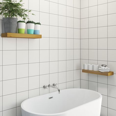 White Square Tile Bathroom, Square Tiles Bathroom, Square Tile Bathroom, White Square Tiles, White Bathroom Tiles, Tiling Tools, Glazed Ceramic Tile, Downstairs Bathroom, Big Bathrooms